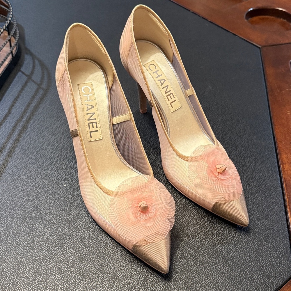 CHANEL Blush Mesh Heels with Floral Detail.. worn once